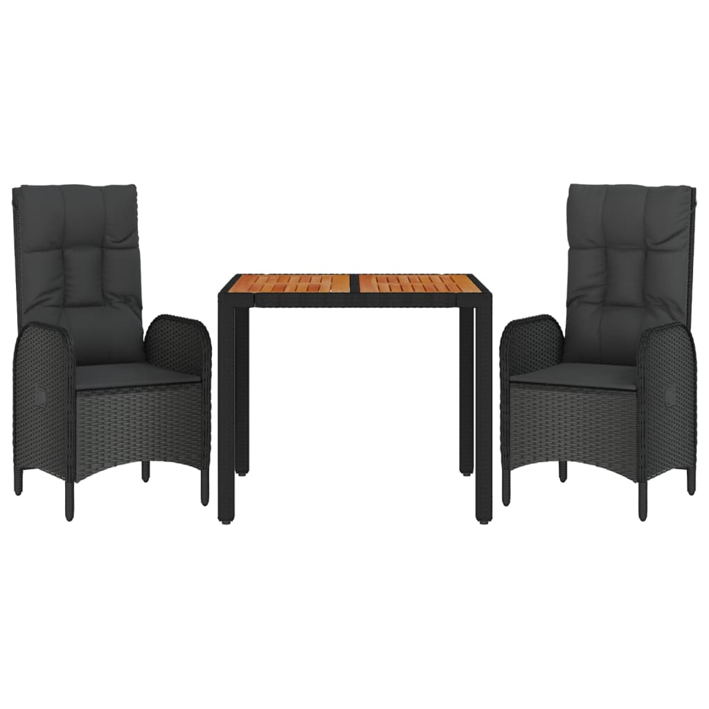 3-Delige Tuinset Met Kussens Poly Rattan Zwart 1 90 cm tafellengte 2x stoel + Tafel