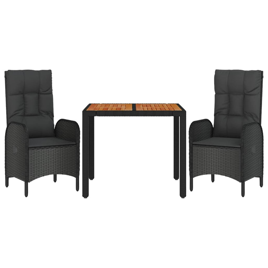 3-Delige Tuinset Met Kussens Poly Rattan Zwart 1 90 cm tafellengte 2x stoel + Tafel