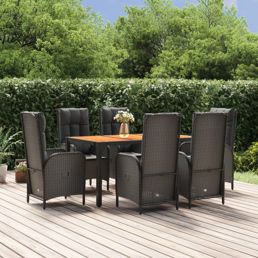 7-Delige Tuinset Met Kussens Poly Rattan Zwart 150 cm tafellengte 6x stoel + Tafel