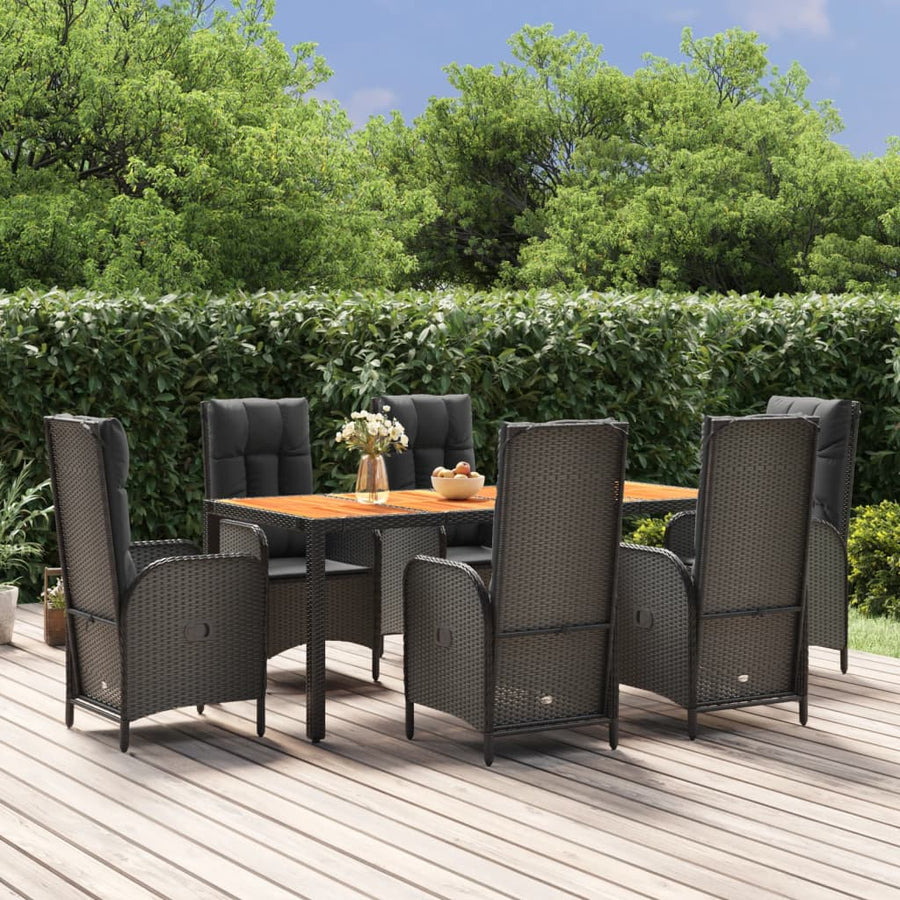 7-Delige Tuinset Met Kussens Poly Rattan Zwart 1 190 cm tafellengte 6x stoel + Tafel