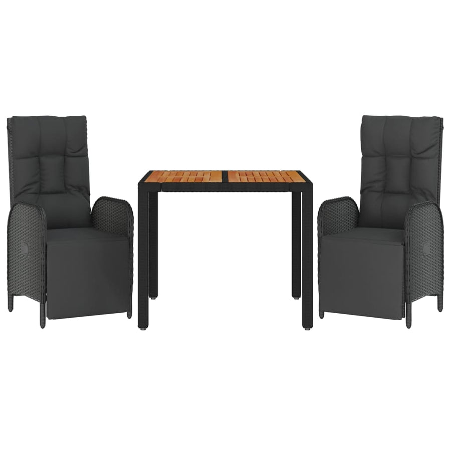 3-Delige Tuinset Met Kussens Poly Rattan Zwart 90 cm tafellengte 2x Fauteuil + Tafel