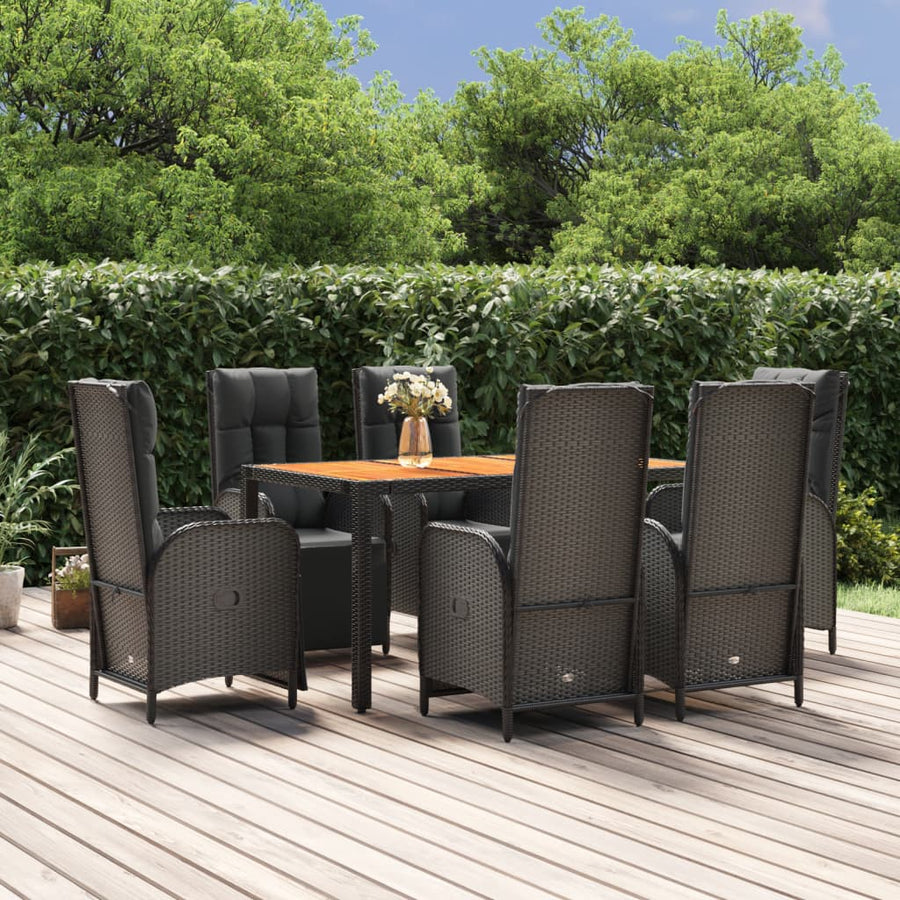 7-Delige Tuinset Met Kussens Poly Rattan Zwart 150 cm tafellengte 6x Fauteuil + Tafel