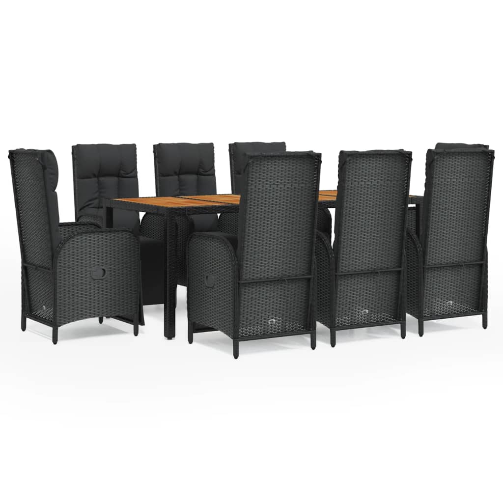 9-Delige Tuinset Poly Rattan Zwart 1 190 cm tafellengte 8x Fauteuil + Tafel