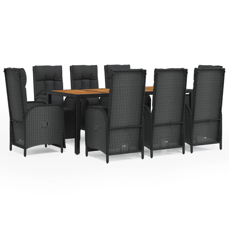 9-Delige Tuinset Poly Rattan Zwart 1 190 cm tafellengte 8x Fauteuil + Tafel