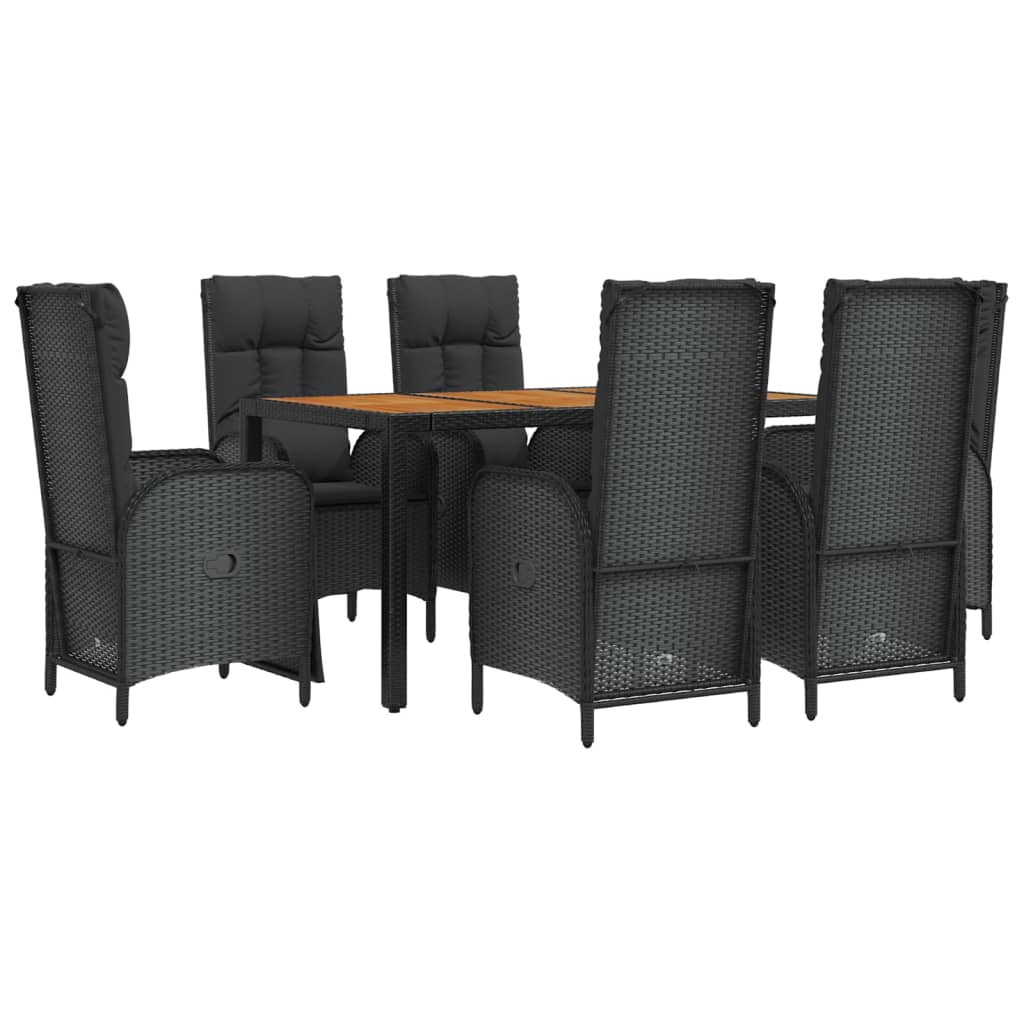 7-Delige Tuinset Met Kussens Poly Rattan Zwart 150 cm tafellengte 4x stoel + 2x Fauteuil + Tafel
