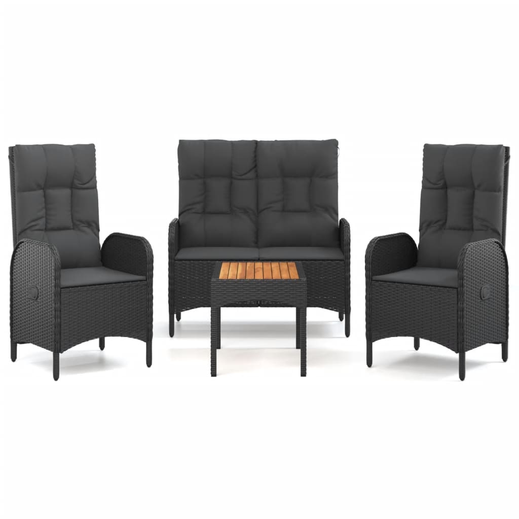 4-Delige Tuinset Met Kussens Poly Rattan Zwart Bank + 2x stoel + Tafel