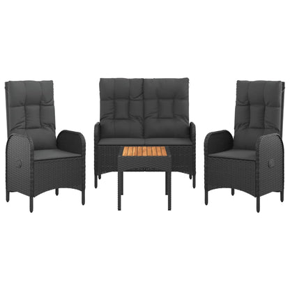 4-Delige Tuinset Met Kussens Poly Rattan Zwart Bank + 2x stoel + Tafel