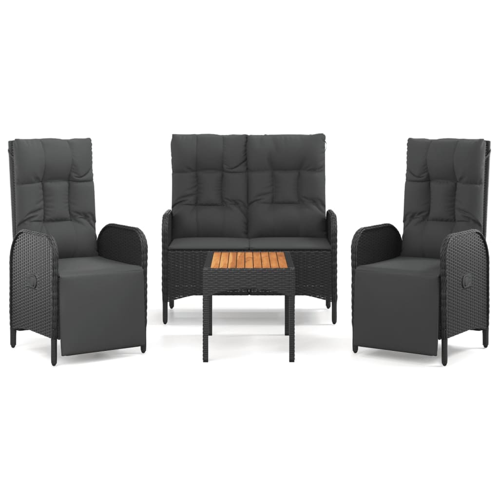 4-Delige Tuinset Met Kussens Poly Rattan Zwart Bank + 2x Fauteuil + Tafel