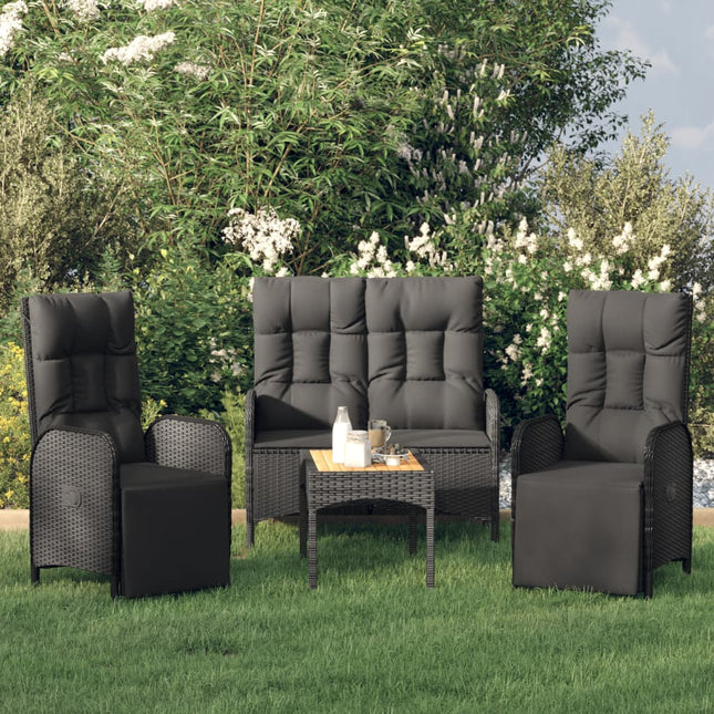 4-Delige Tuinset Met Kussens Poly Rattan Zwart Bank + 2x Fauteuil + Tafel