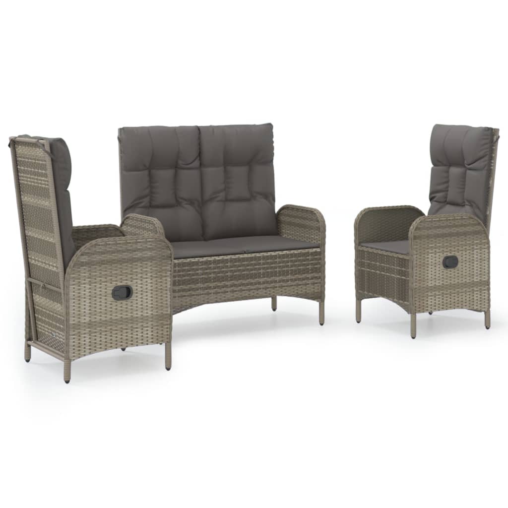 3-Delige Tuinset Met Kussens Poly Rattan Grijs bench + 2x chair