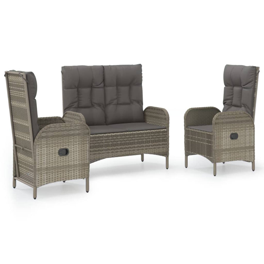 3-Delige Tuinset Met Kussens Poly Rattan Grijs bench + 2x chair