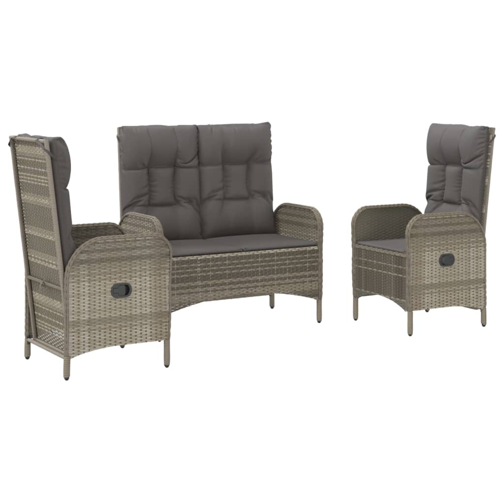 3-Delige Tuinset Met Kussens Poly Rattan Grijs bench + 2x chair