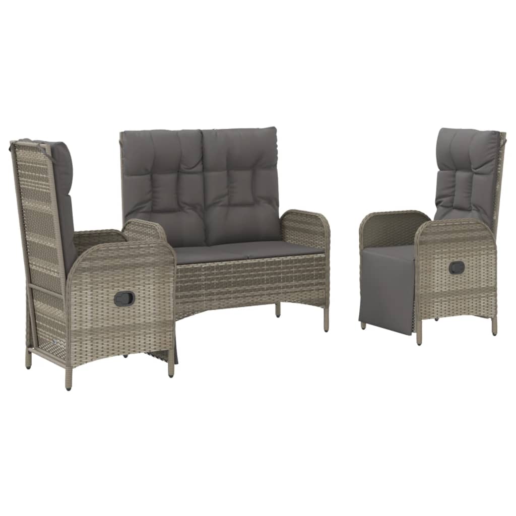 3-Delige Tuinset Met Kussens Poly Rattan Grijs bench + 2x armchair
