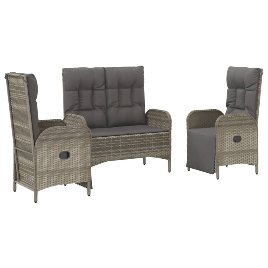3-Delige Tuinset Met Kussens Poly Rattan Grijs bench + 2x armchair