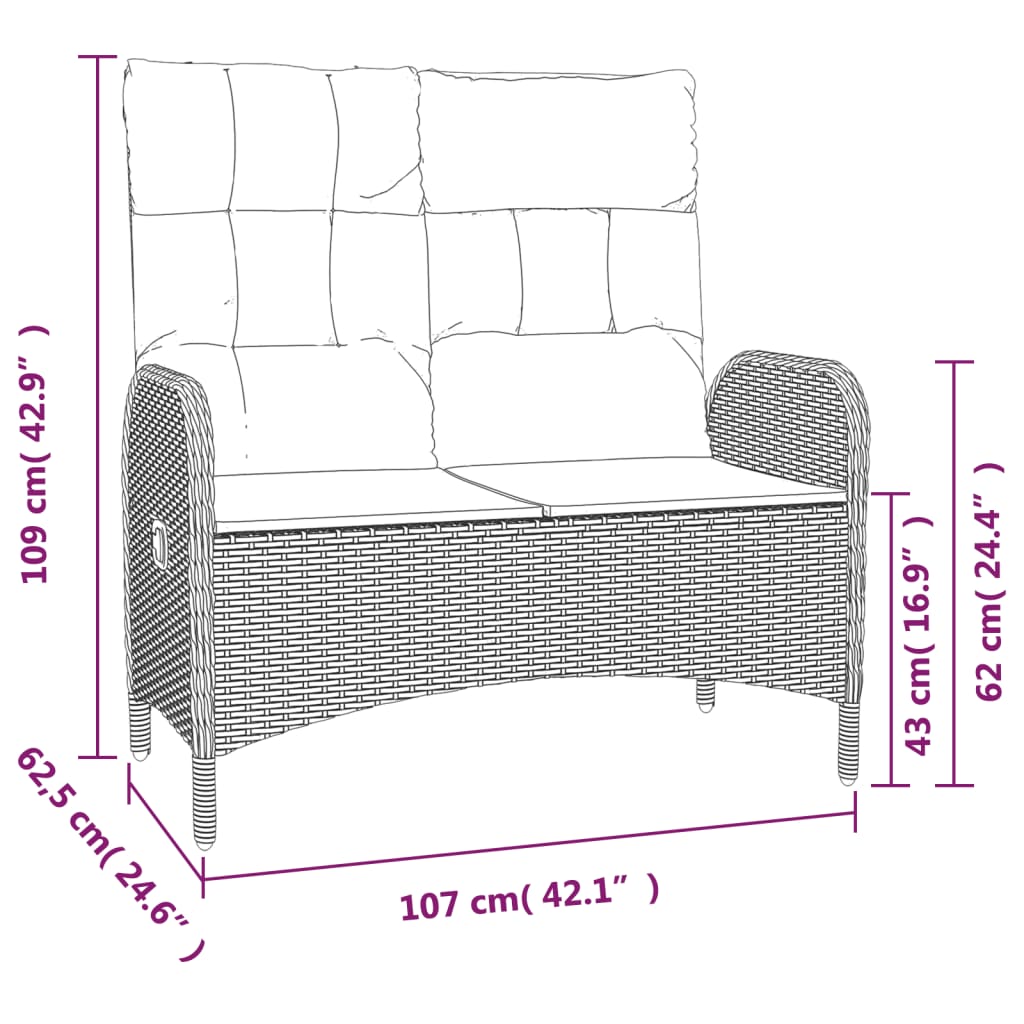 3-Delige Tuinset Met Kussens Poly Rattan Grijs bench + 2x armchair