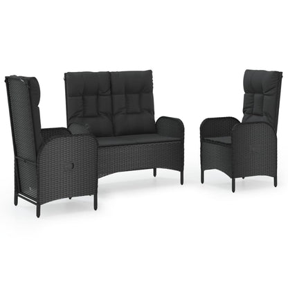 3-Delige Tuinset Met Kussens Poly Rattan Zwart bench + 2x chair