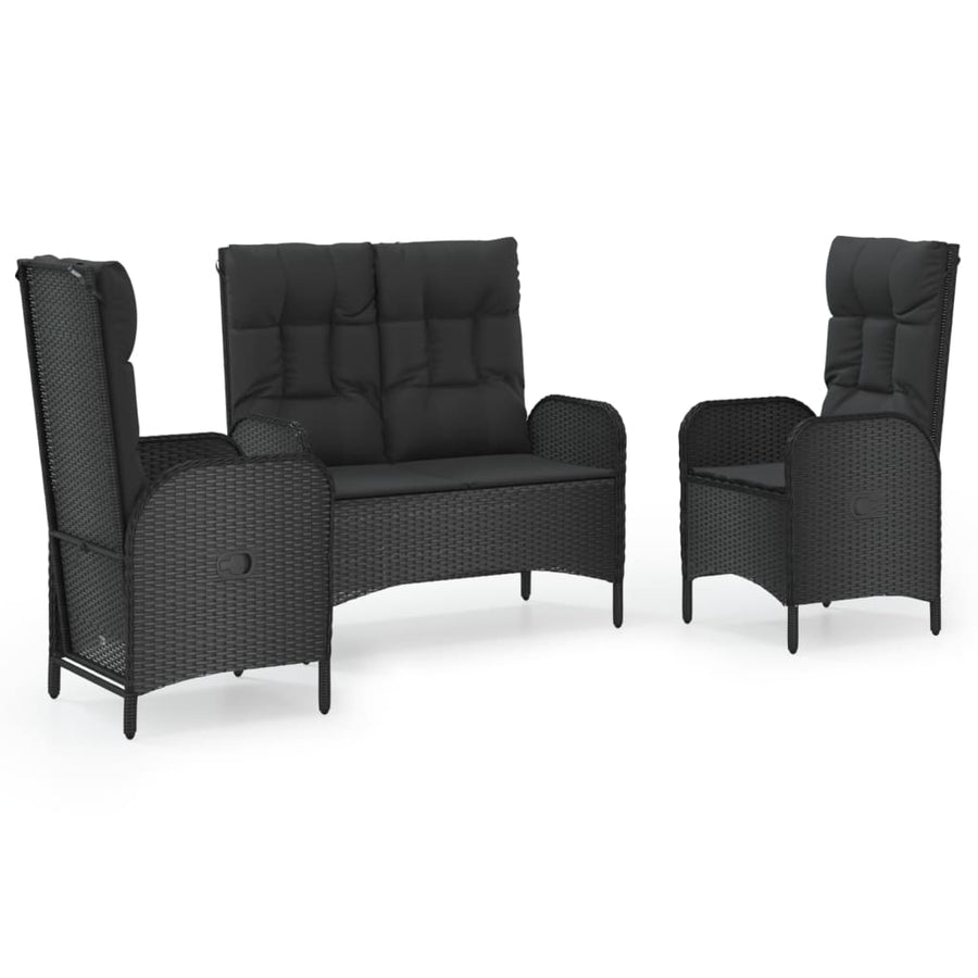 3-Delige Tuinset Met Kussens Poly Rattan Zwart bench + 2x chair
