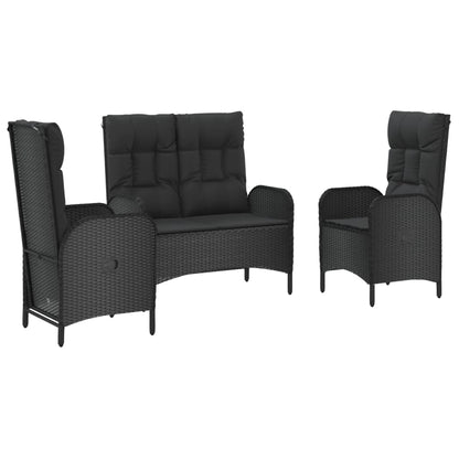 3-Delige Tuinset Met Kussens Poly Rattan Zwart bench + 2x chair