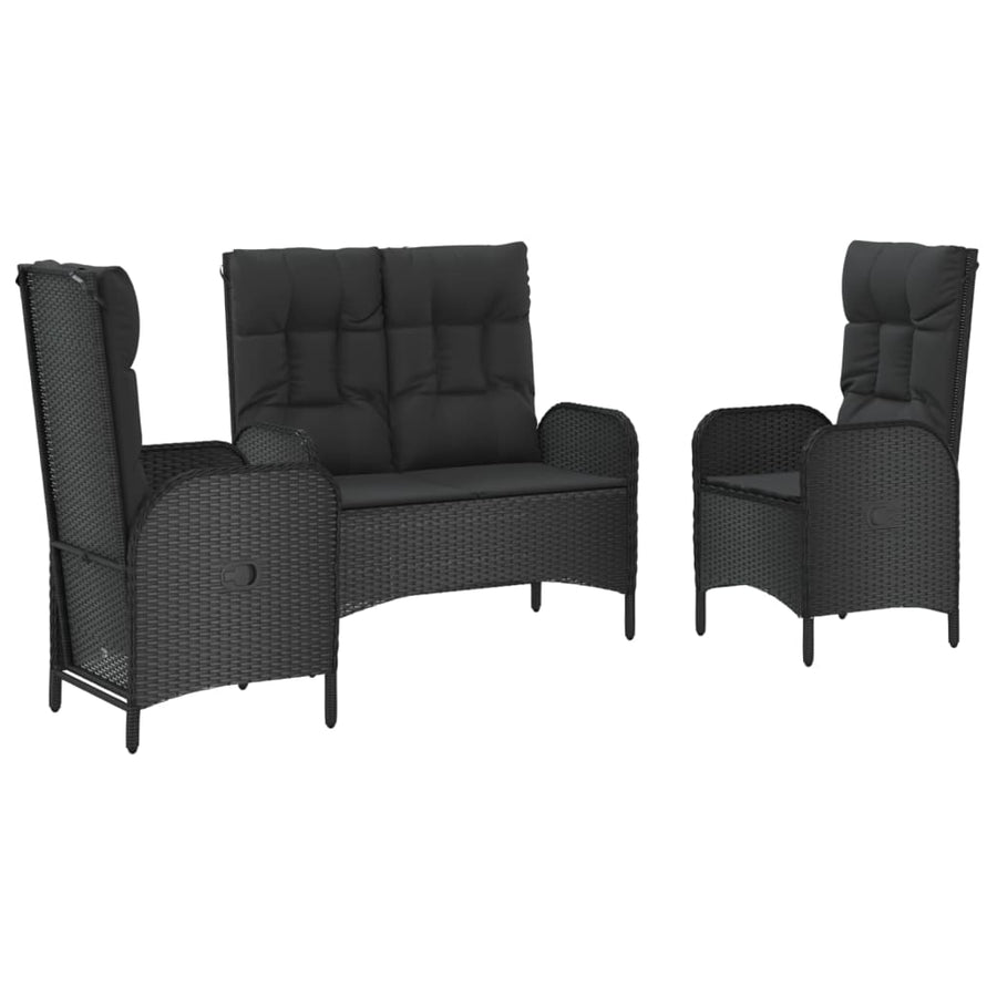 3-Delige Tuinset Met Kussens Poly Rattan Zwart bench + 2x chair