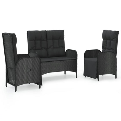 3-Delige Tuinset Met Kussens Poly Rattan Zwart bench + 2x armchair