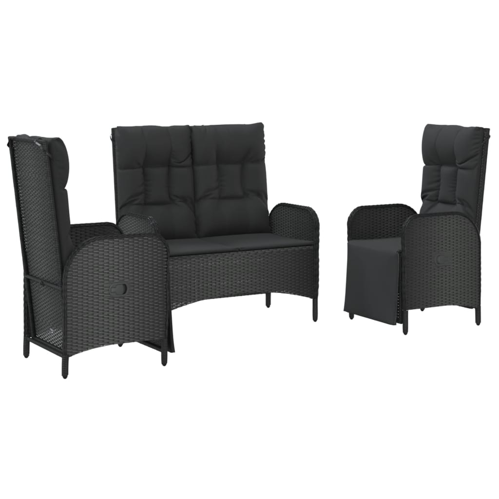 3-Delige Tuinset Met Kussens Poly Rattan Zwart bench + 2x armchair