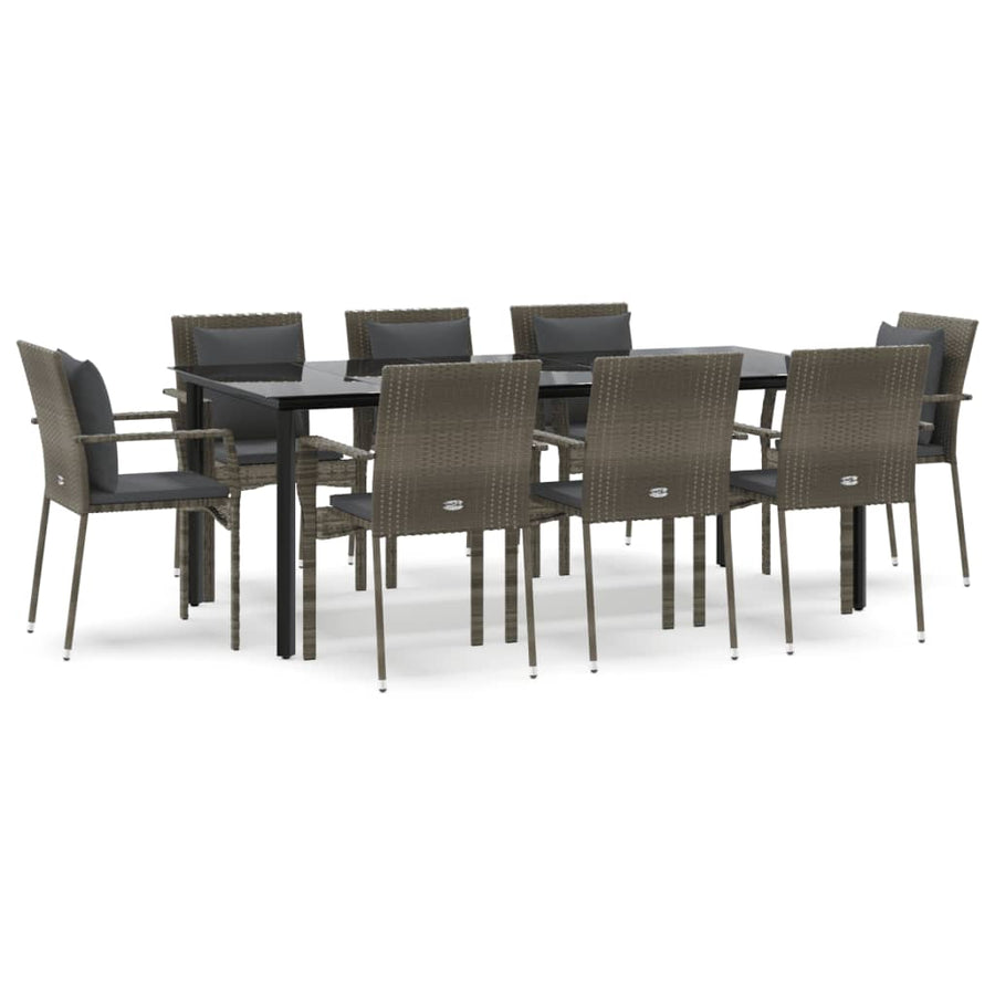 9-Delige Tuinset Met Kussens Poly Rattan Zwart En 8 200 cm tafellengte Grijs