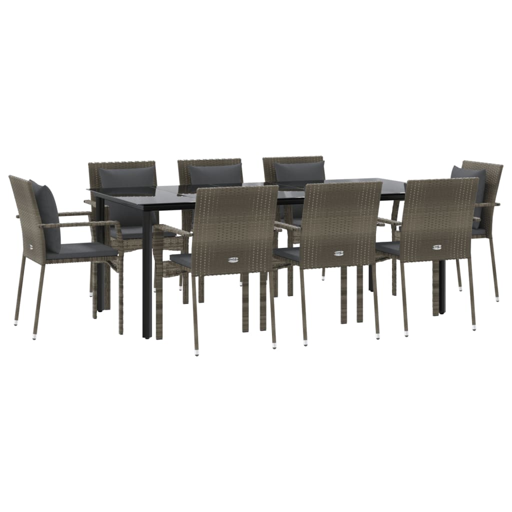 9-Delige Tuinset Met Kussens Poly Rattan Zwart En 8 200 cm tafellengte Grijs
