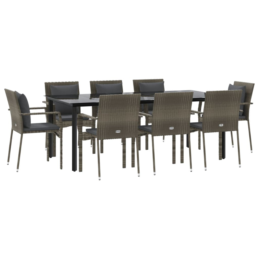 9-Delige Tuinset Met Kussens Poly Rattan Zwart En 8 200 cm tafellengte Grijs