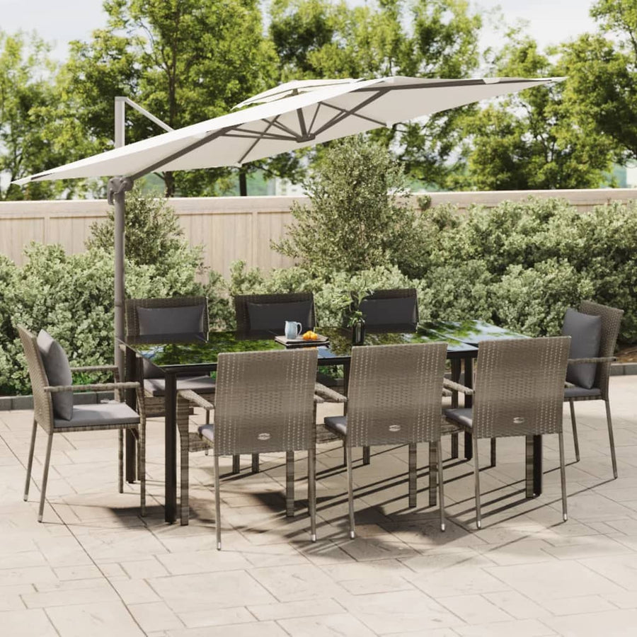 9-Delige Tuinset Met Kussens Poly Rattan Zwart En 8 200 cm tafellengte Grijs