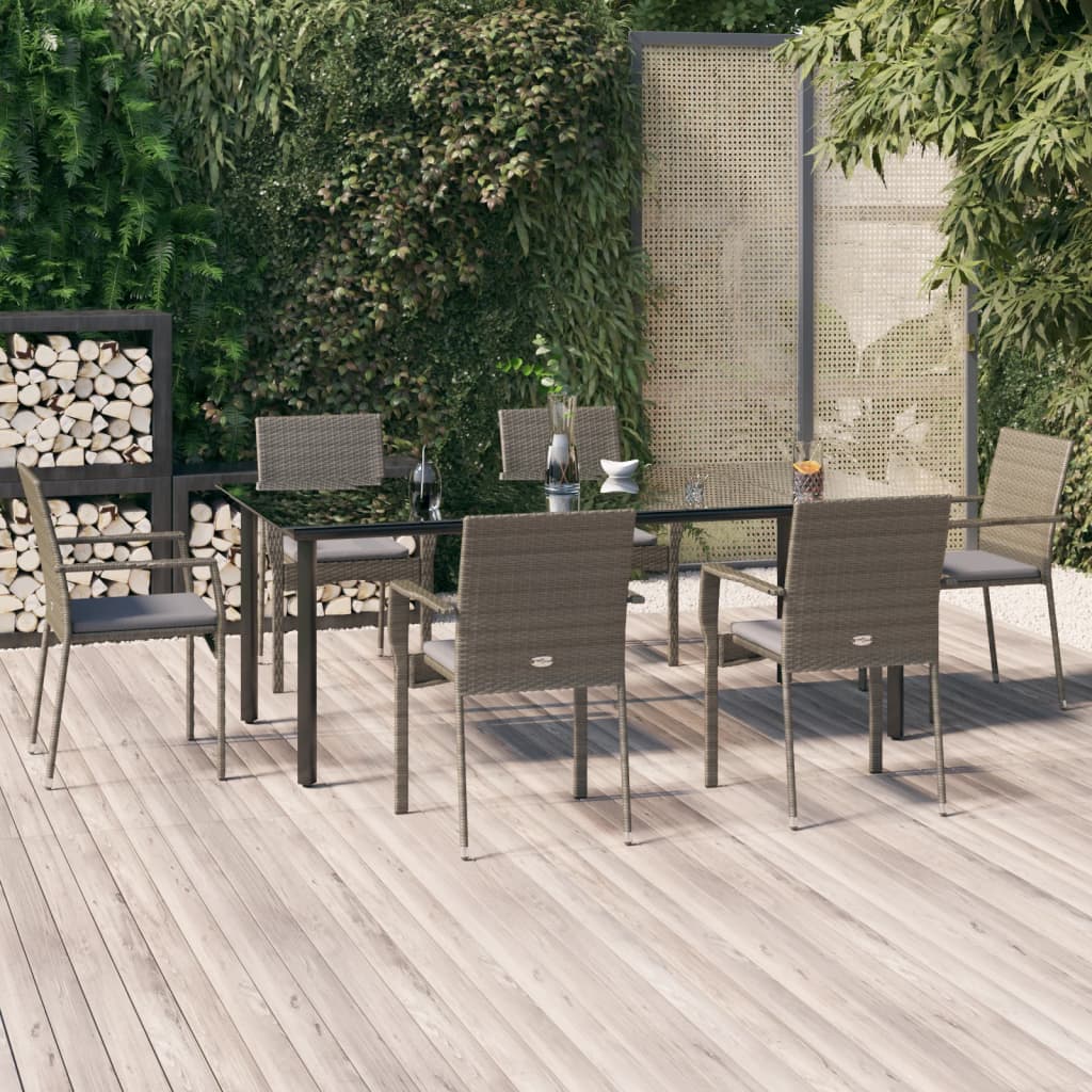 7-Delige Tuinset Met Kussens Poly Rattan Zwart En 6 200 cm tafellengte Grijs