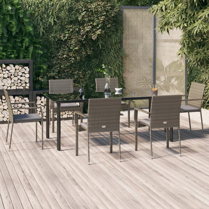 7-Delige Tuinset Met Kussens Poly Rattan Zwart En 6 200 cm tafellengte Grijs