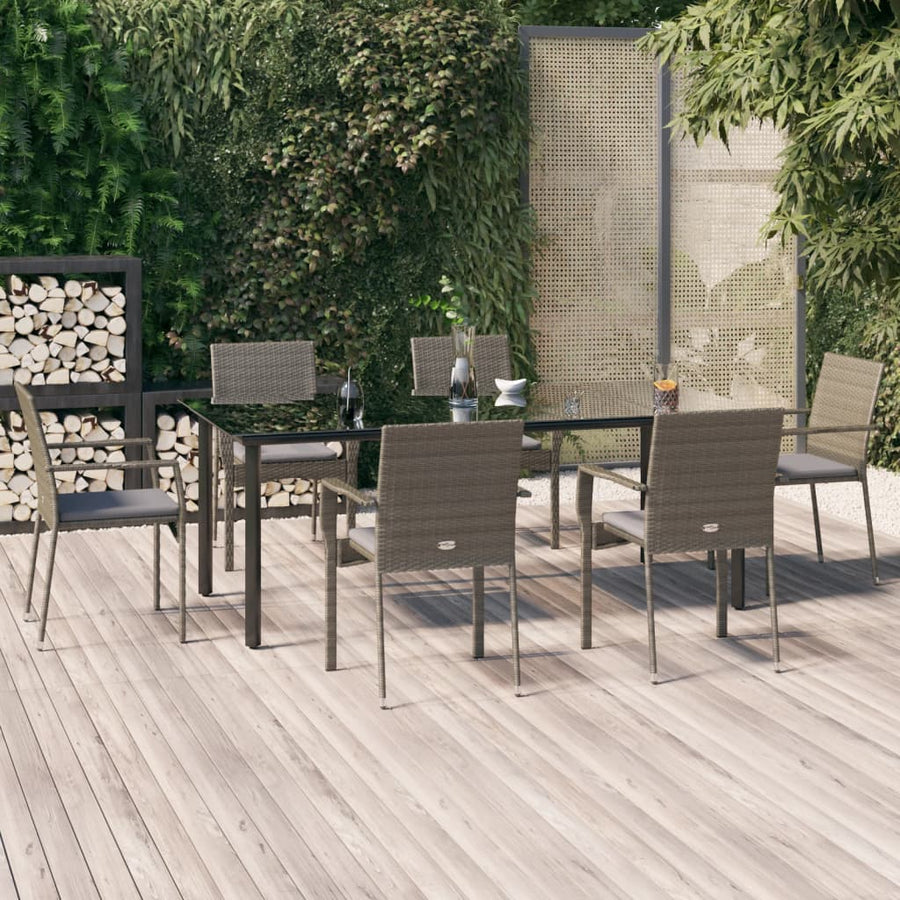 7-Delige Tuinset Met Kussens Poly Rattan Zwart En 6 200 cm tafellengte Grijs