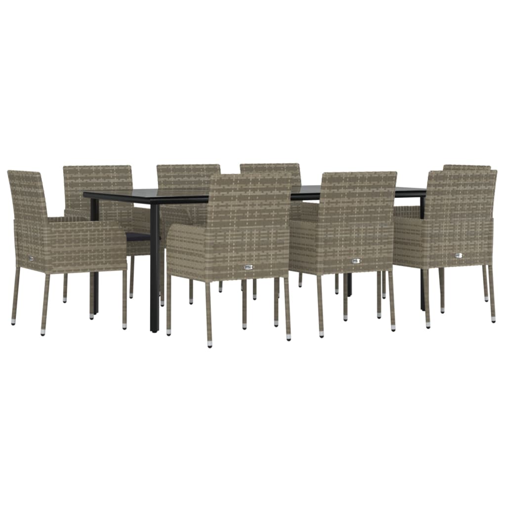 9-Delige Tuinset Met Kussens Poly Rattan Zwart En 8 200 cm tafellengte Grijs