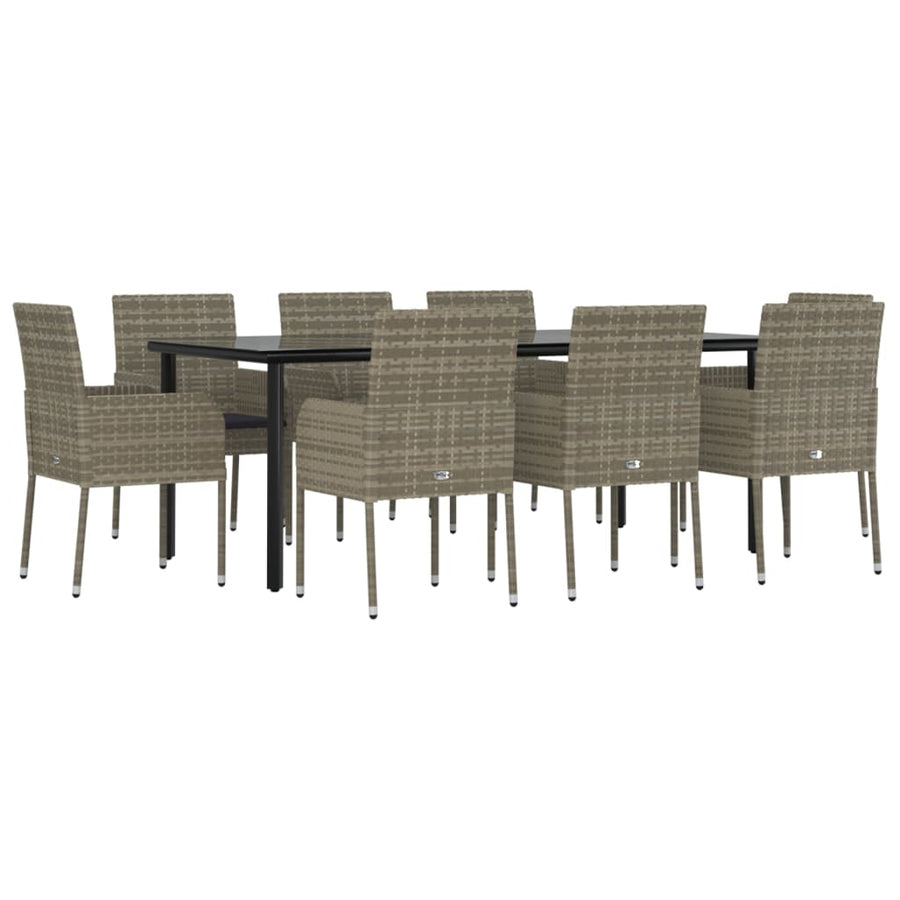 9-Delige Tuinset Met Kussens Poly Rattan Zwart En 8 200 cm tafellengte Grijs