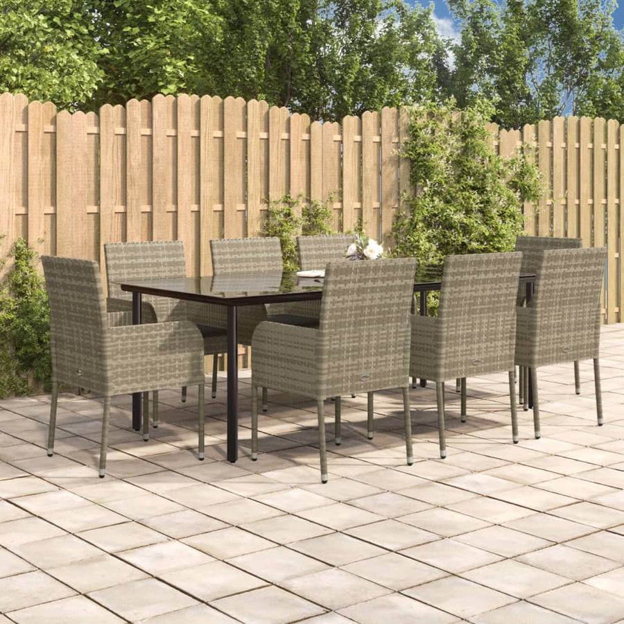 9-Delige Tuinset Met Kussens Poly Rattan Zwart En 8 200 cm tafellengte Grijs