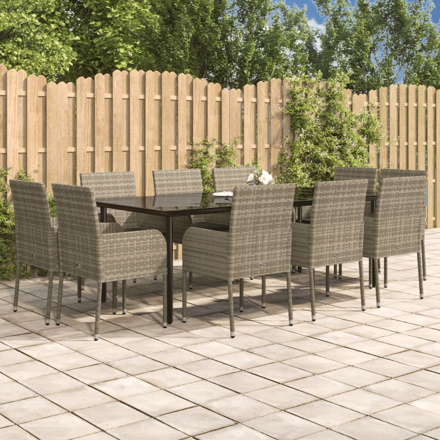 11-Delige Tuinset Met Kussens Poly Rattan Zwart En 10 200 cm tafellengte Grijs