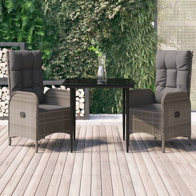 3-Delige Tuinset Met Kussens Poly Rattan Zwart En Grijs 80 cm tafellengte 2x stoel + Tafel