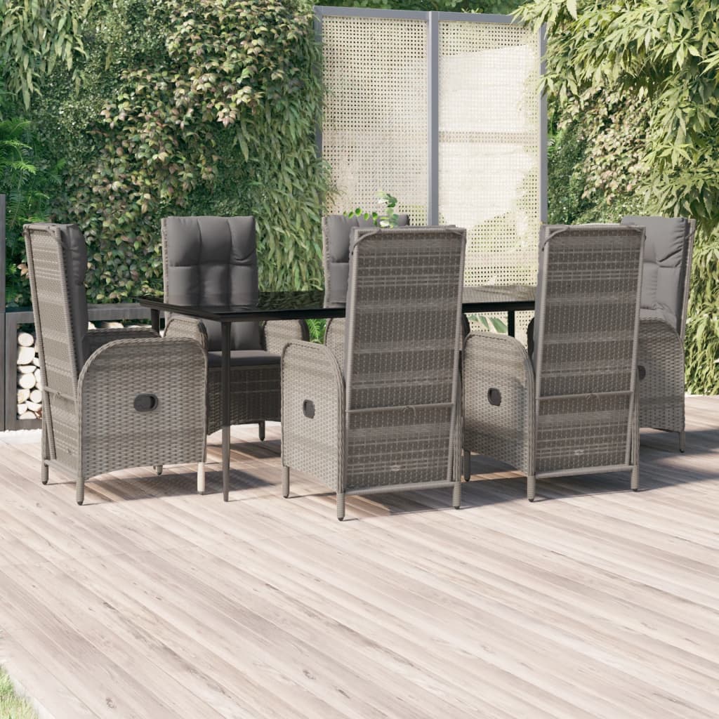 7-Delige Tuinset Met Kussens Poly Rattan Zwart En Grijs 200 cm tafellengte 6x stoel + Tafel