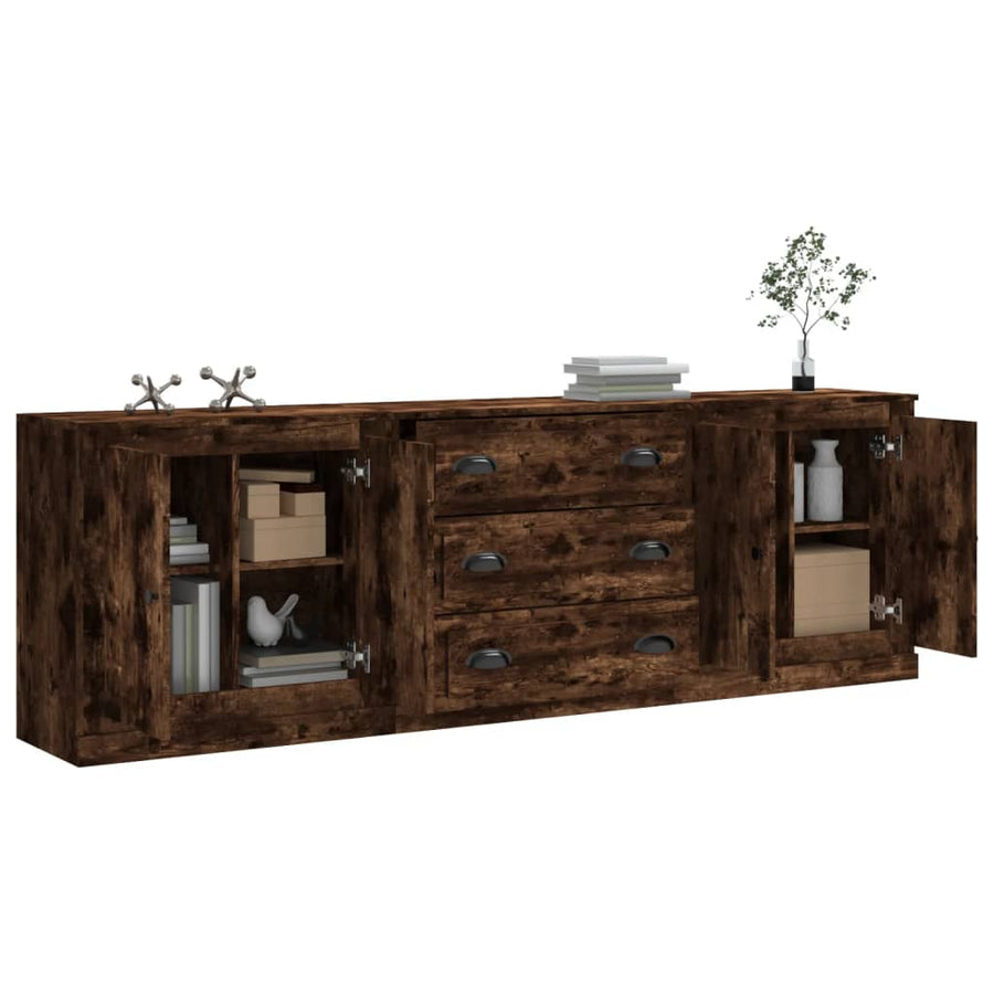 Dressoirs 3 st bewerkt hout gerookt eikenkleurig