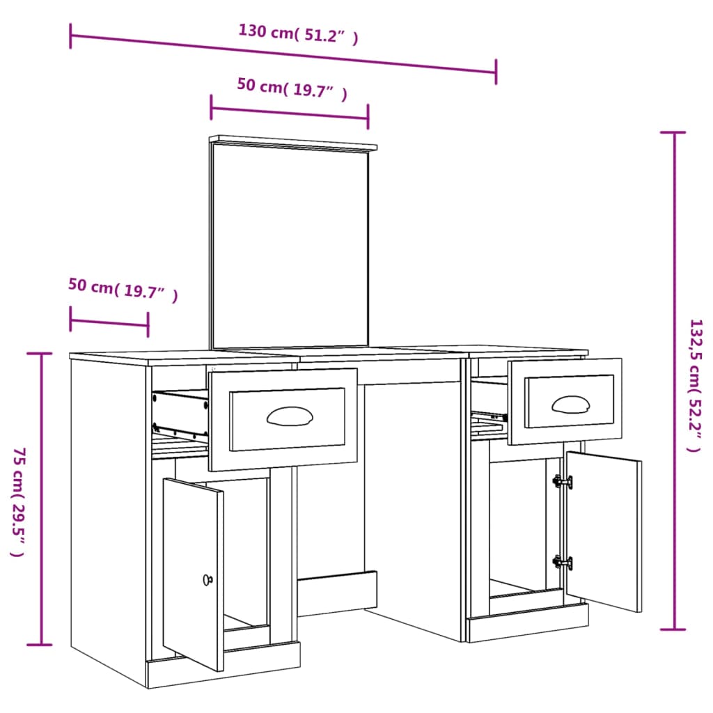 Kaptafel Met Spiegel 130X50X132,5 Cm Kleurig Gerookt eiken