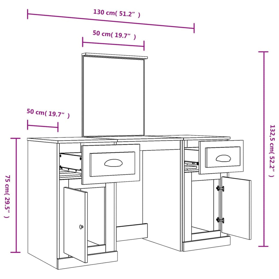 Kaptafel Met Spiegel 130X50X132,5 Cm Kleurig Gerookt eiken