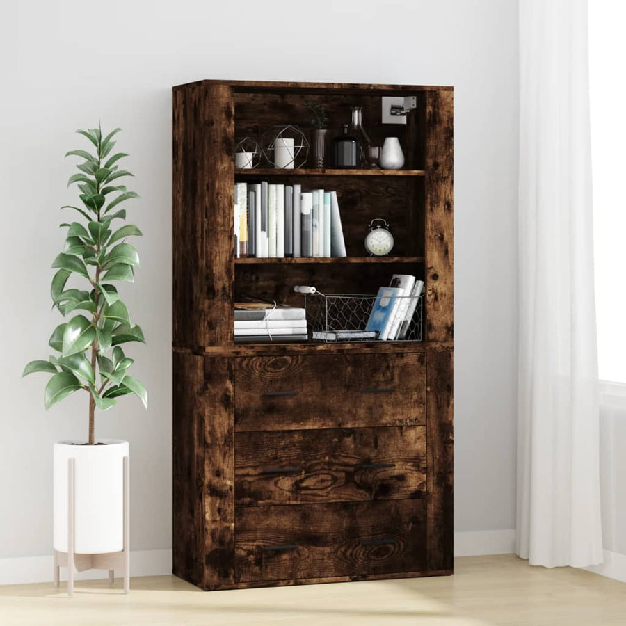 Hoge Kast Bewerkt Hout Gerookt Eikenkleurig