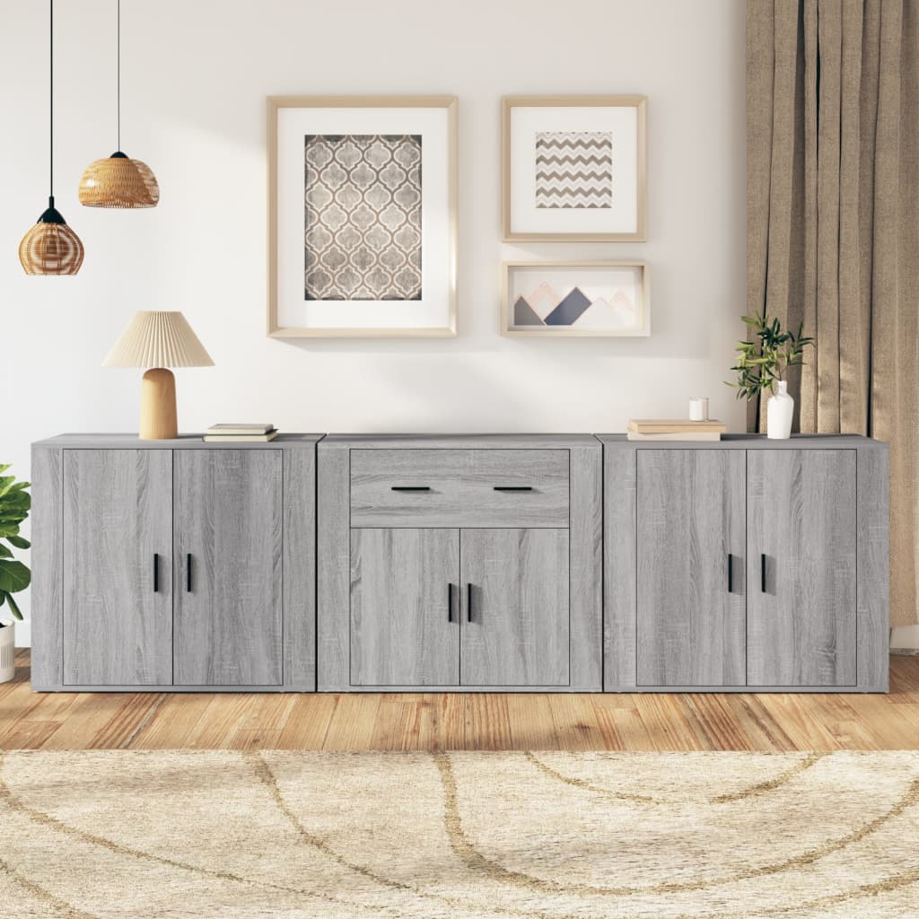 Dressoirs 3 st bewerkt hout grijs sonoma eikenkleurig