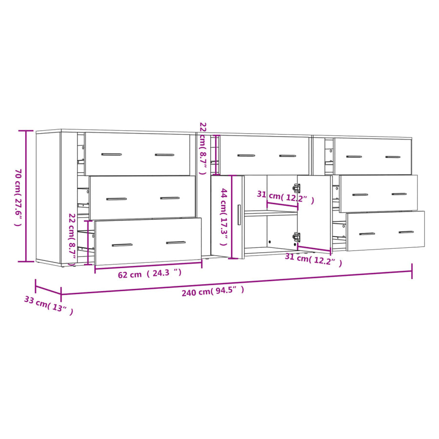 Dressoirs 3 St Bewerkt Hout Sonoma Eiken