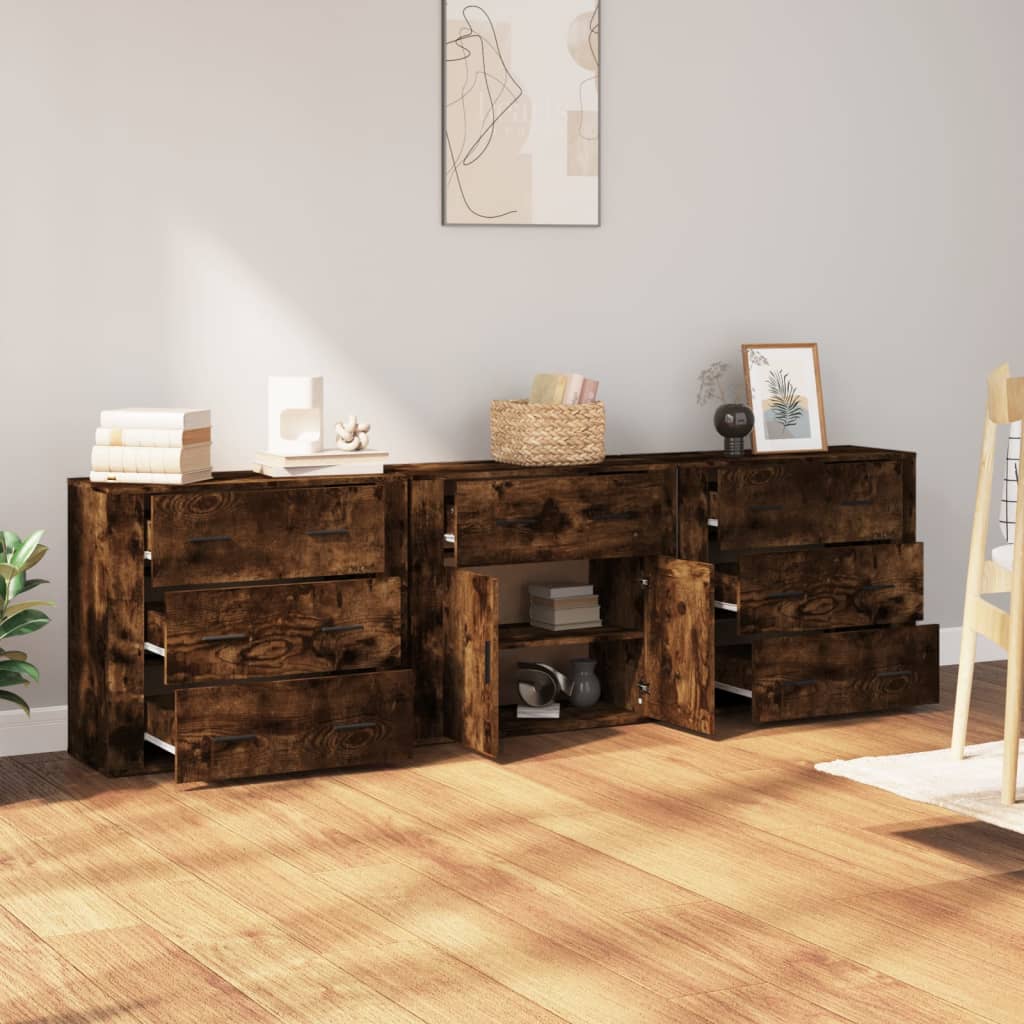 Dressoirs 3 st bewerkt hout gerookt eikenkleurig