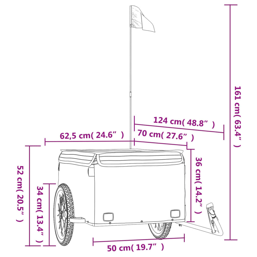 Fietstrailer 45 kg ijzer zwart 124 x 62.5 x 52 cm Zwart