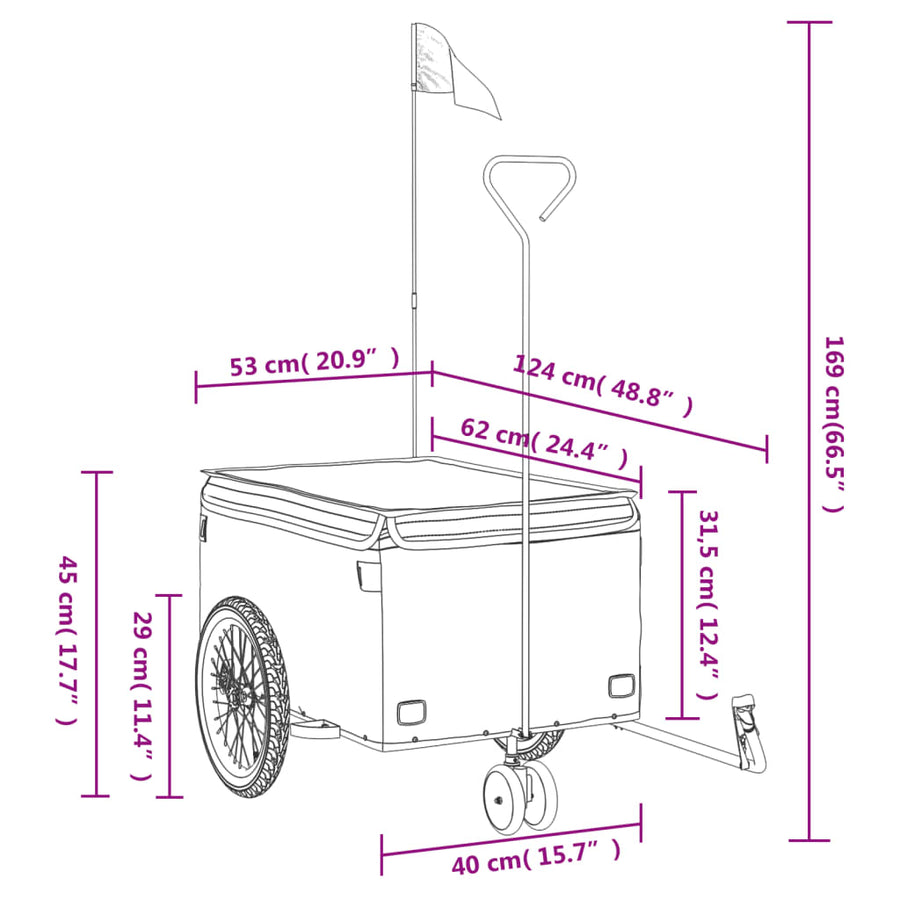 Fietstrailer 30 kg ijzer zwart en 124 x 53 x 45 cm Blauw