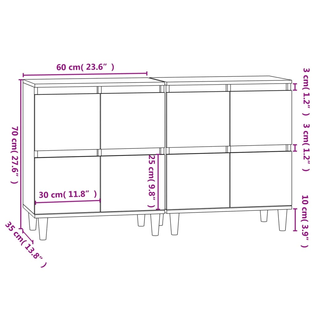 Dressoirs 2 St 60X35X70 Cm Bewerkt Hout Zwart