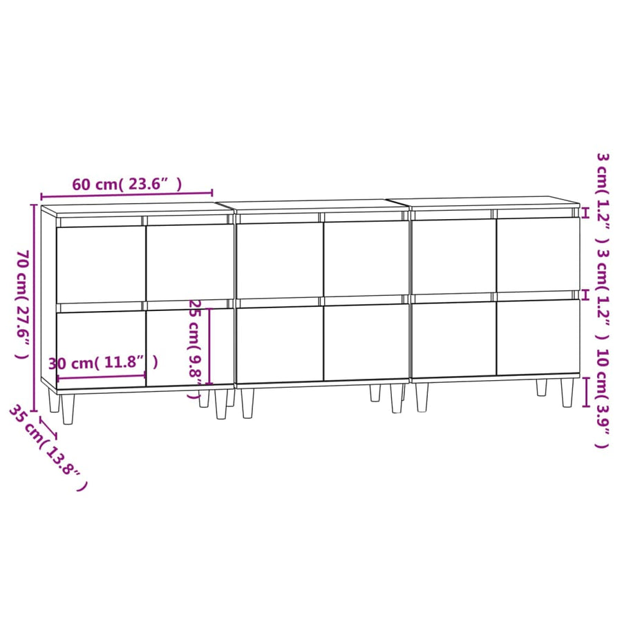 Dressoirs 3 St 60X35X70 Cm Bewerkt Hout Grijs Sonoma Eikenkleur
