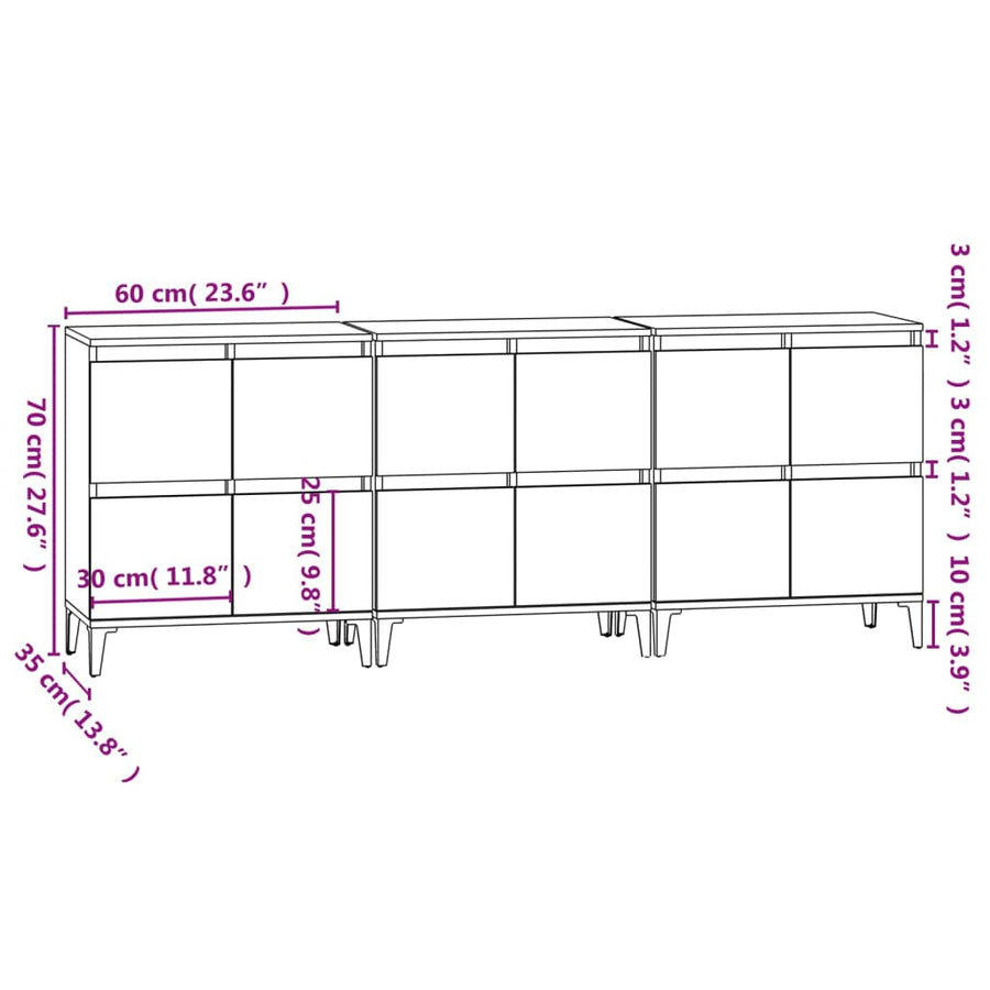 Dressoirs 3 St 60X35X70 Cm Bewerkt Hout Wit